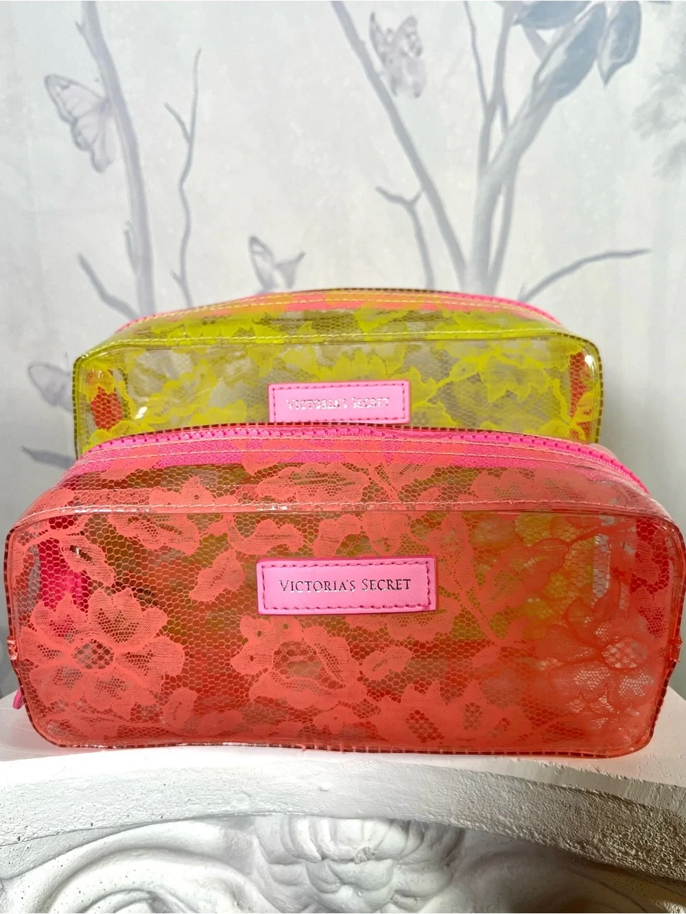 Victoria's Secret Neon Lace Clear Cosmetic Bag Set